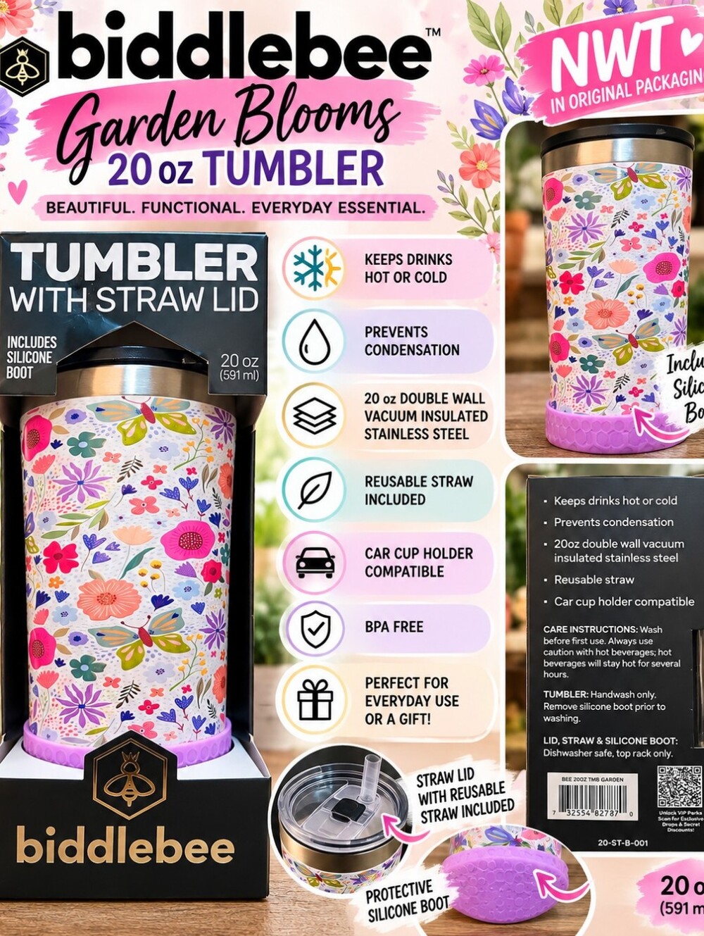 NWT Biddlebee Garden Blooms Floral 20oz Insulated Tumbler Straw Lid